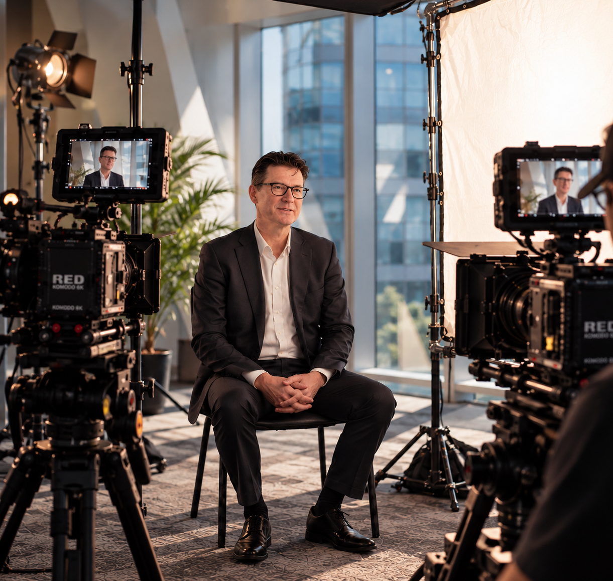 Behind the scenes of an interview, with a seated speaker framed between two cinema cameras